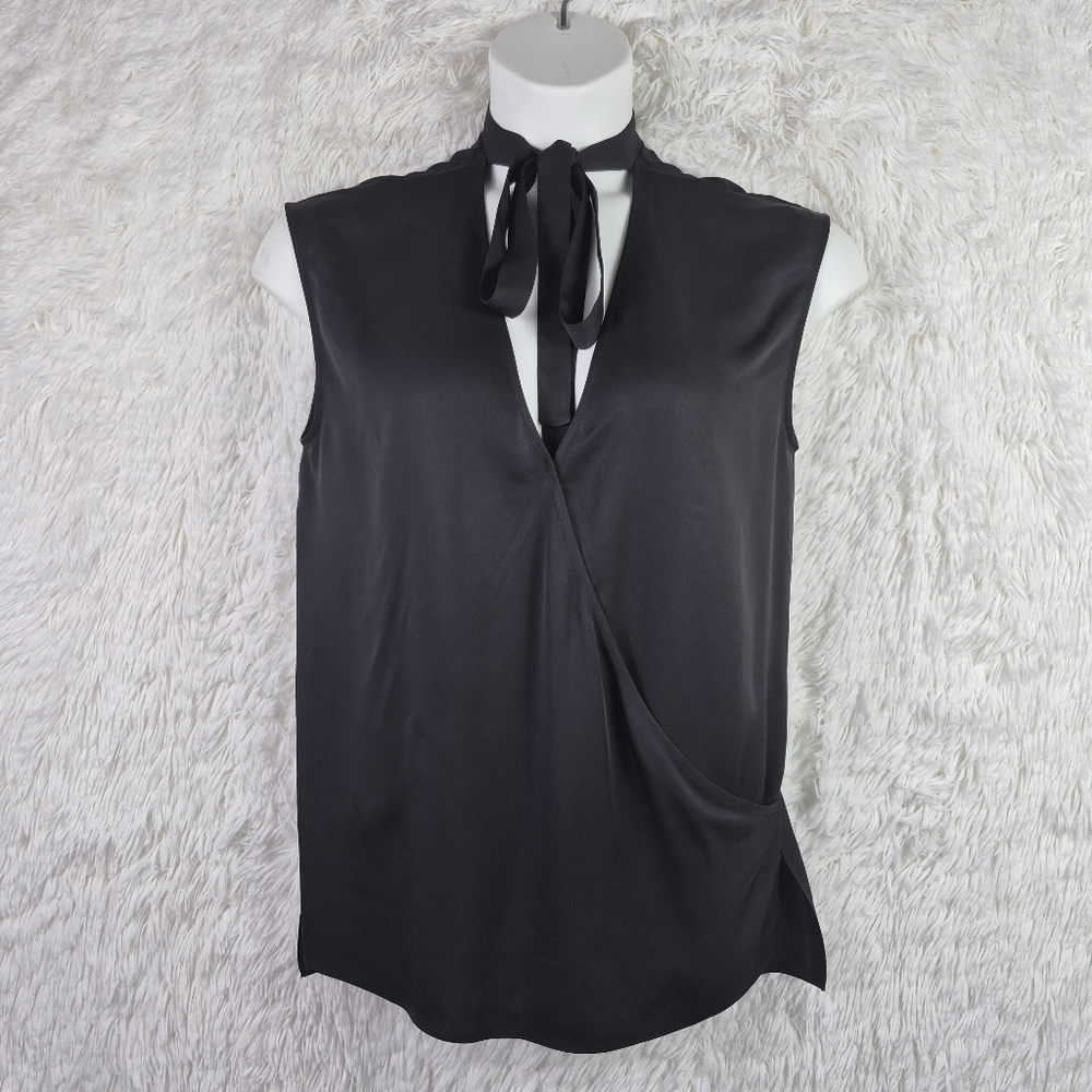 Theory Womens M Black 100% Silk Satin Wrap Tie Neck Relaxed Fit Top Quiet Luxury